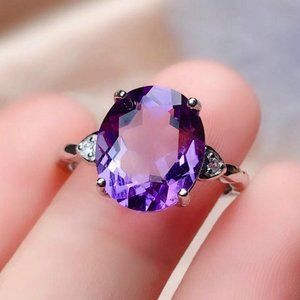 New Adjustable Silver Ring Purple Amethyst Oval Cut Gemstone Statement OS